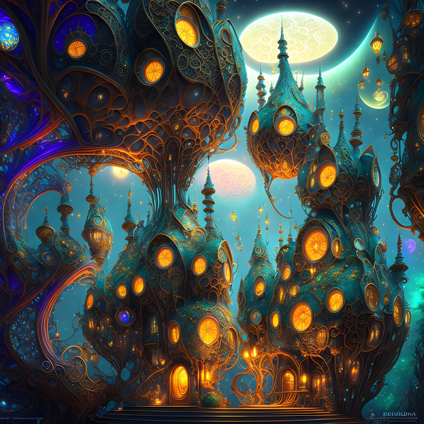 Fantastical Night Cityscape with Glowing Buildings and Celestial Moons