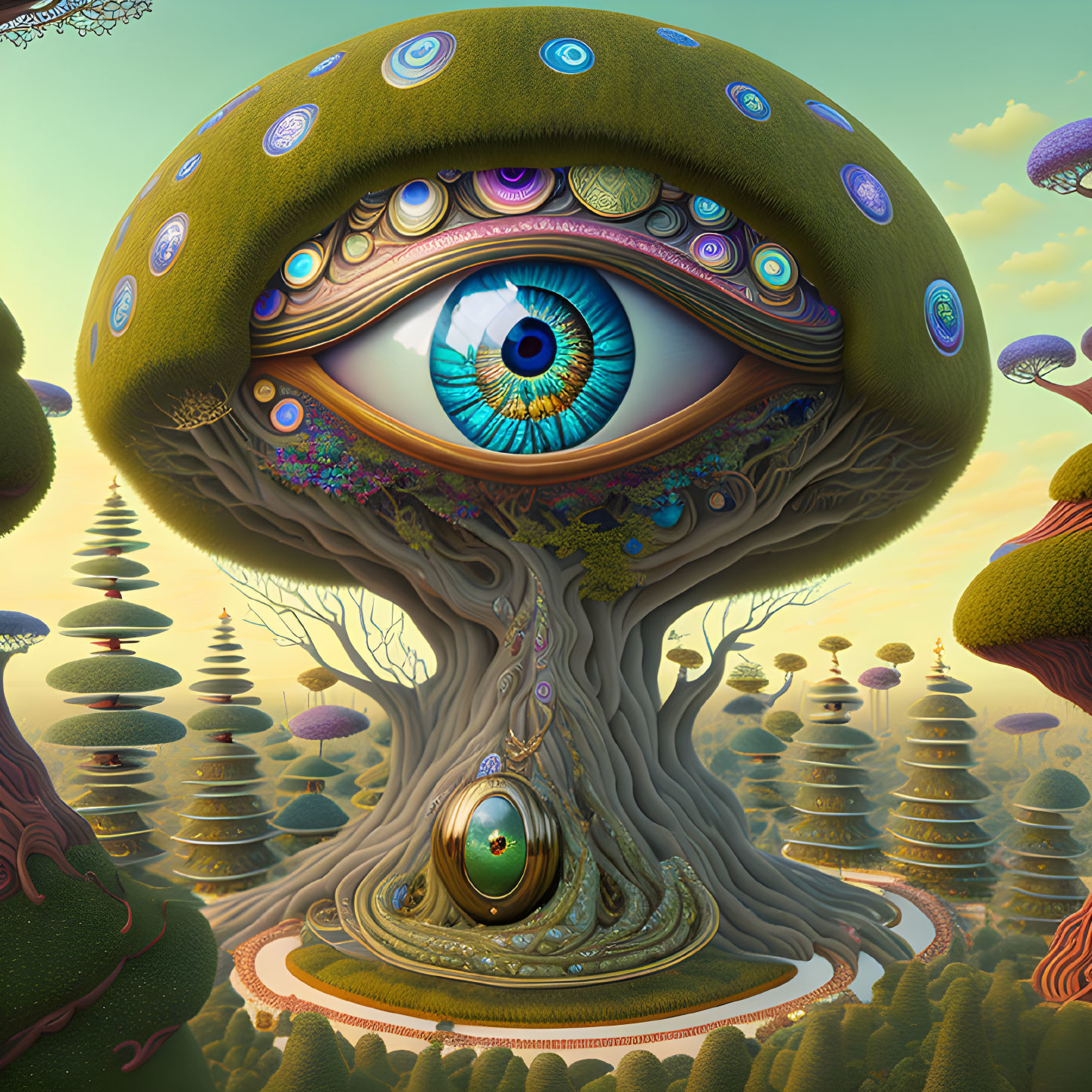 Surreal landscape with giant tree, eye canopy, mushrooms, and peacock feathers