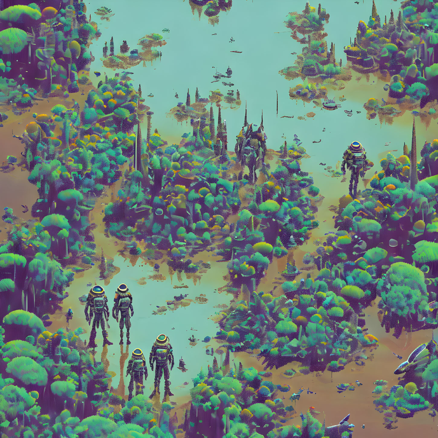 Colorful alien landscape with astronauts exploring exotic terrain