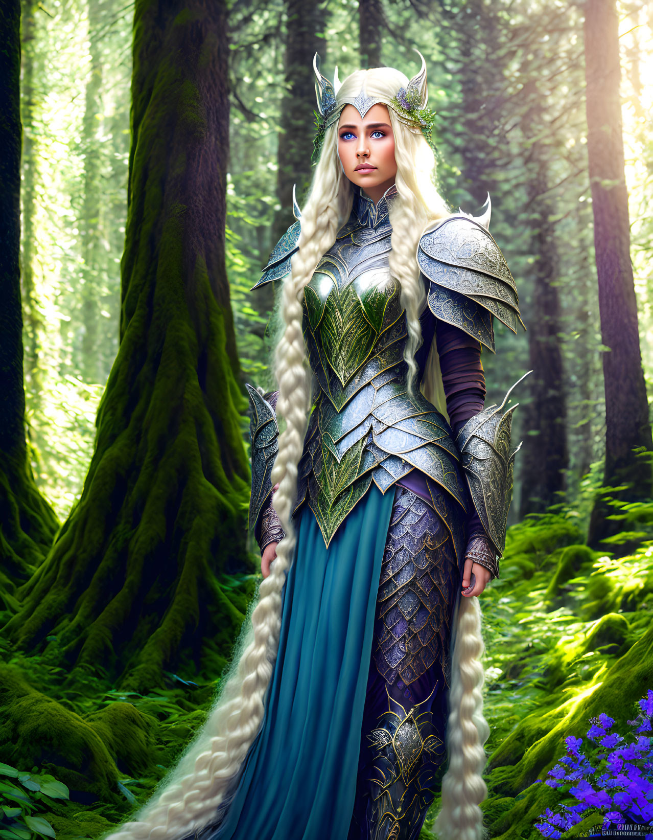 Regal woman in nature-inspired armor in sunlit forest