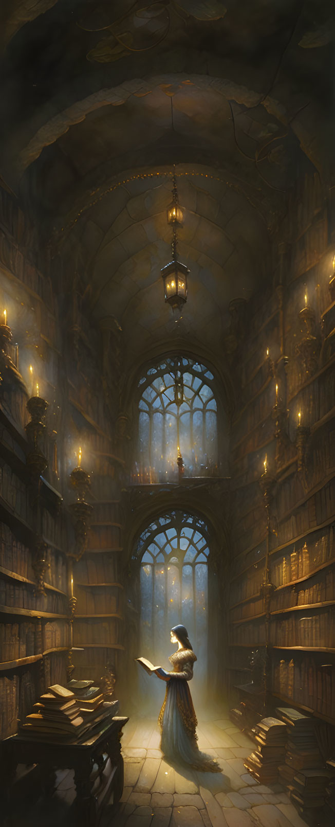 Grand old library with towering bookshelves and person reading a glowing book.