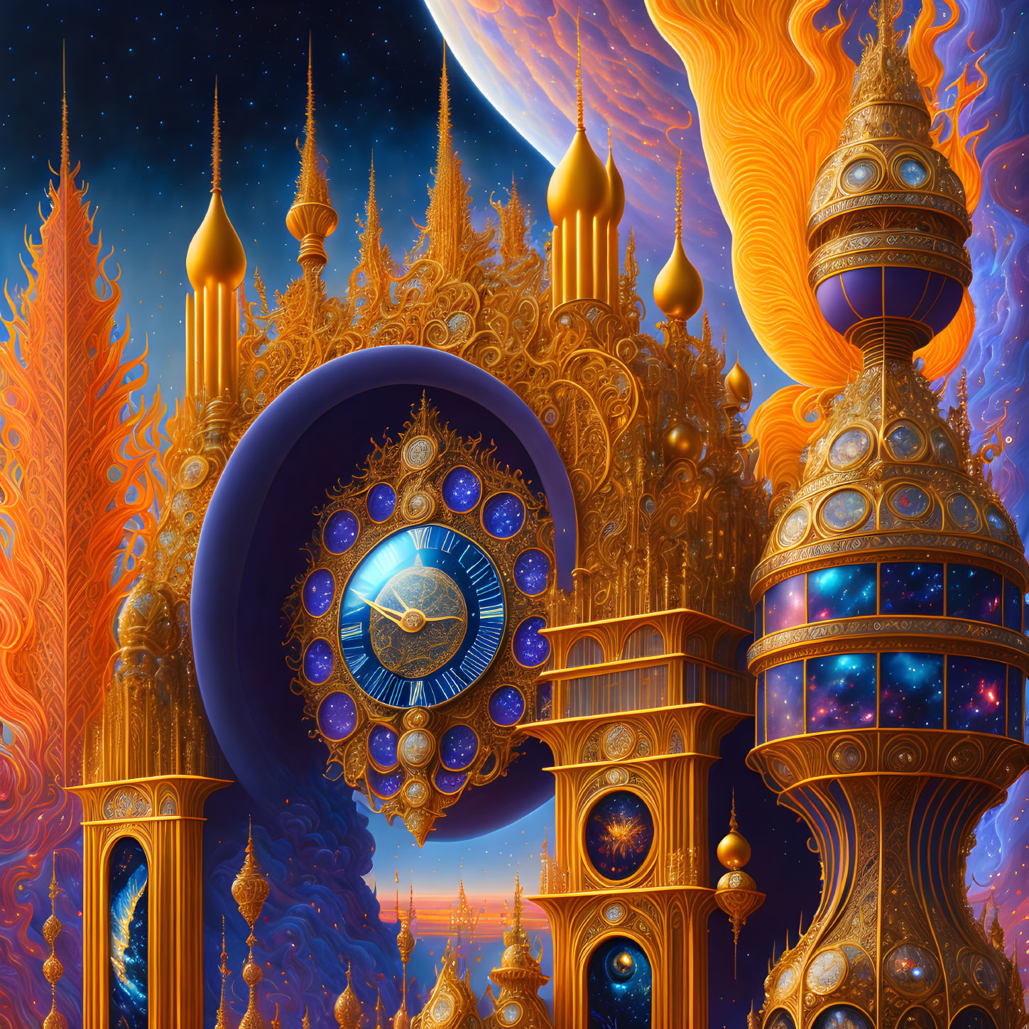 Surreal artwork of golden celestial structures against cosmic backdrop