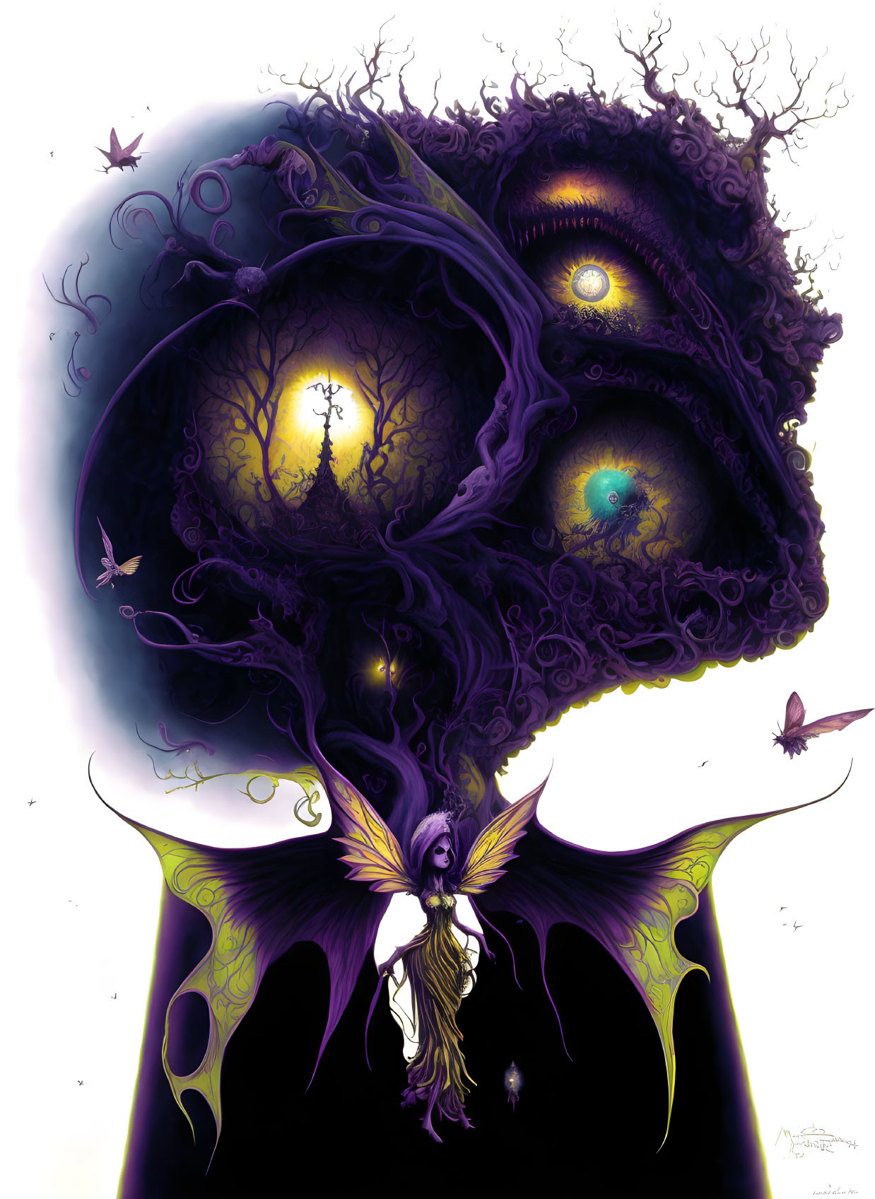 Fantastical tree with eyes, mystical creature, purple hues, and butterflies