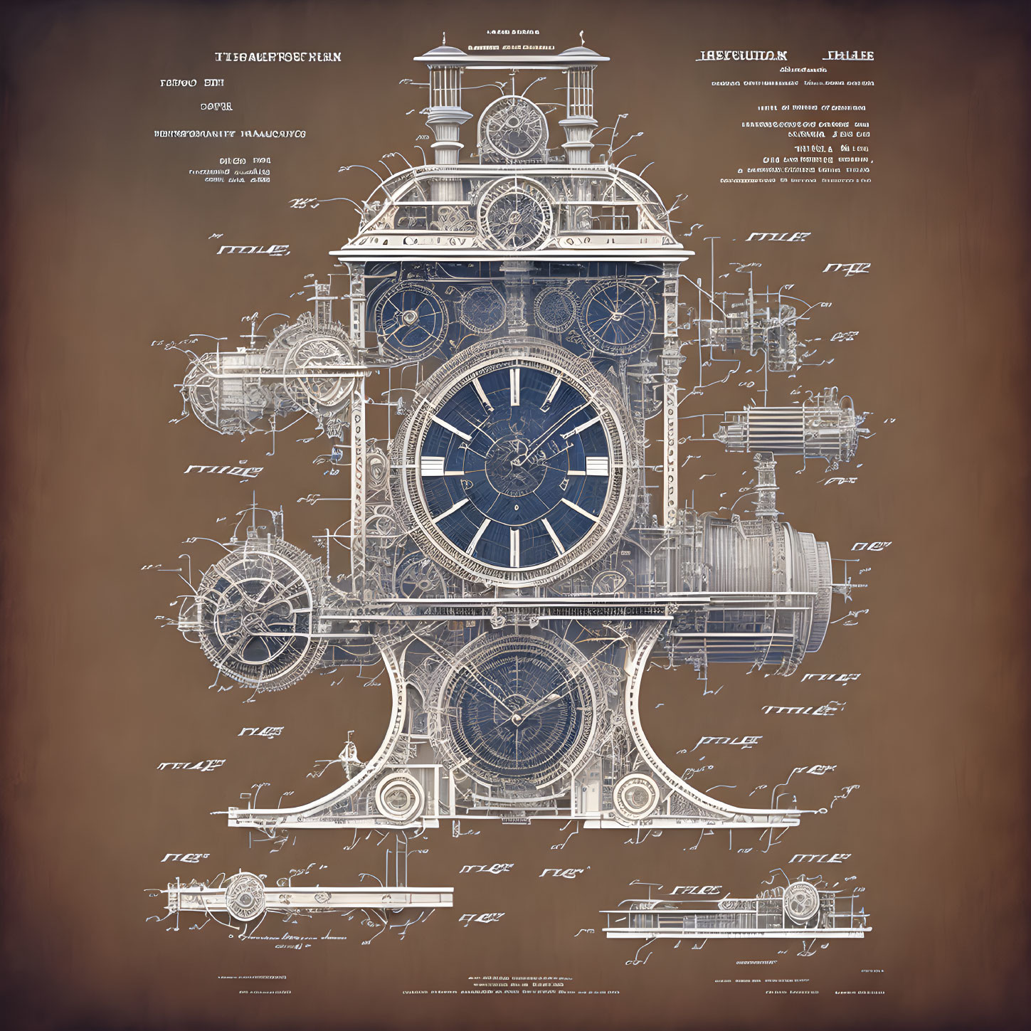 Detailed Technical Blueprint of Ornate Clock with Gears and Mechanism Sketches on Beige Parch