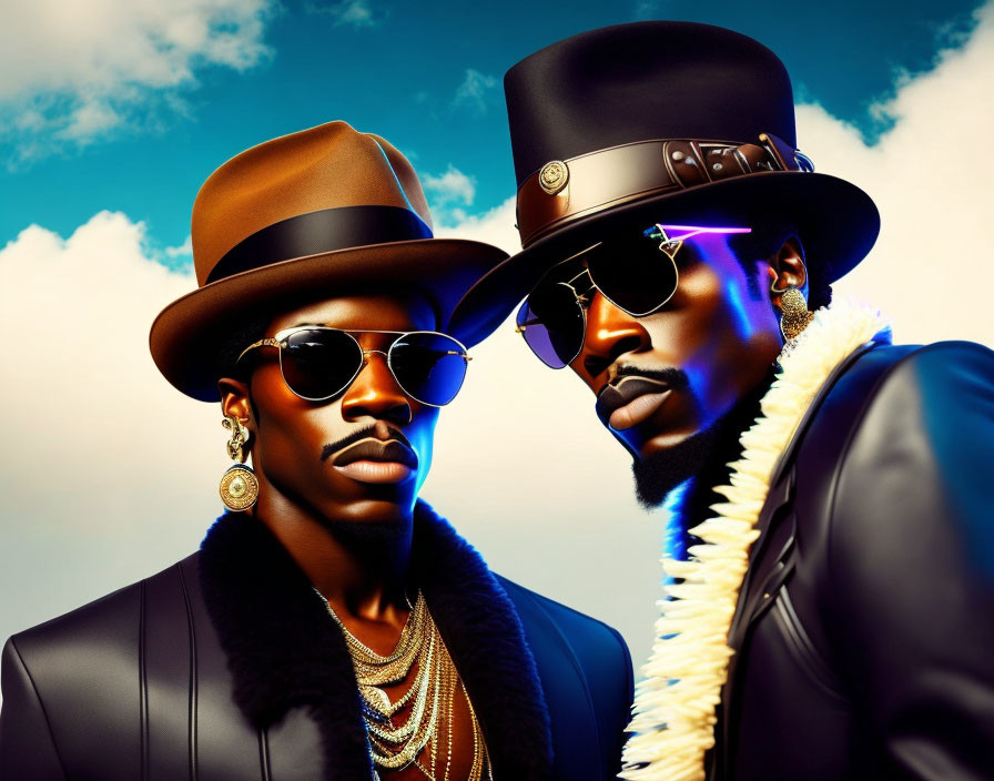 Stylized male figures in fashionable hats and aviator sunglasses on blue sky background