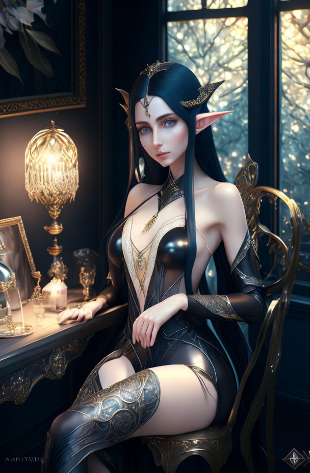 Fantasy elf in black armor sitting by window with lamp