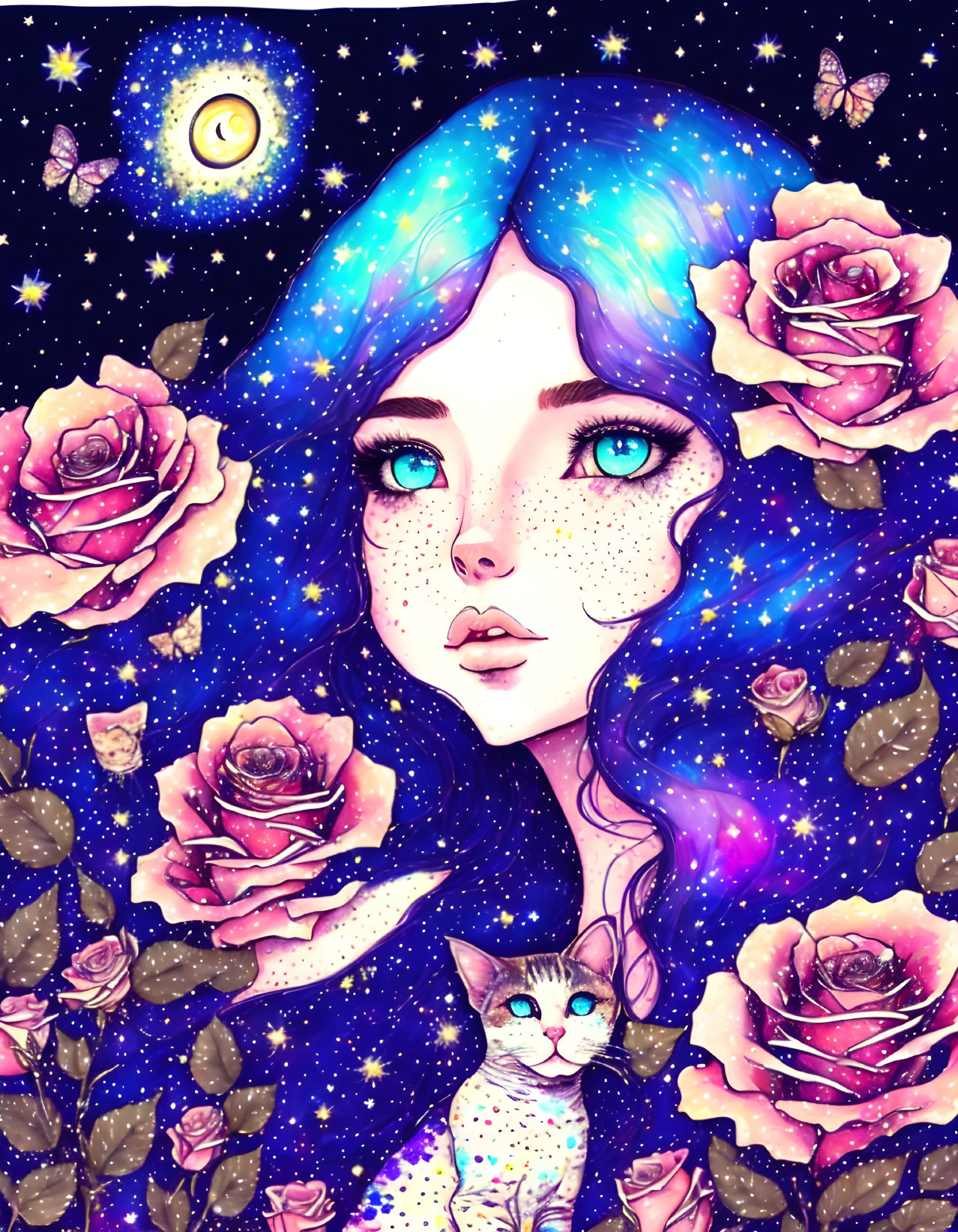 Illustration of girl with blue hair and stars, moon, pink roses, and cat.