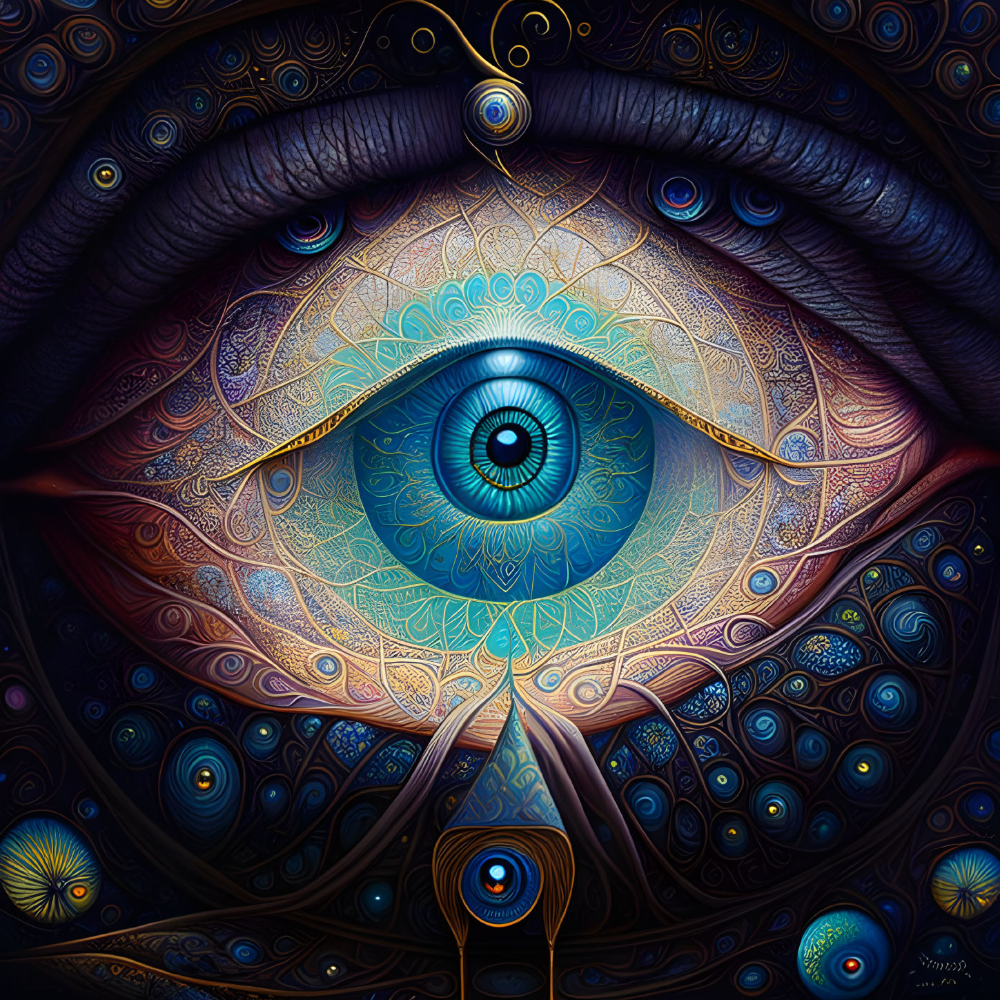 Colorful digital artwork of an intricate eye with mystical patterns.