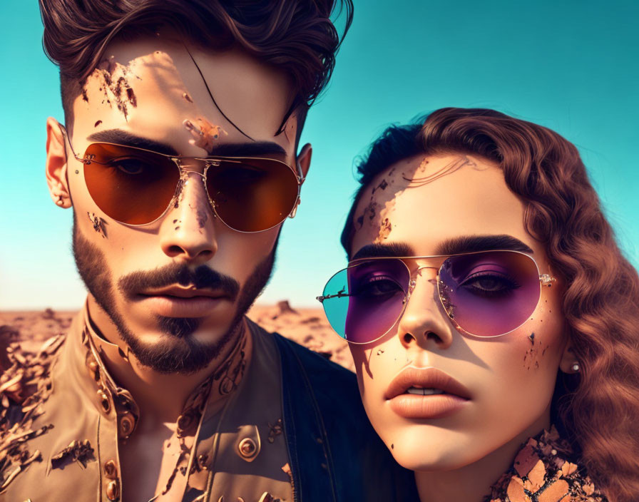 Stylish man and woman blend with desert backdrop in sunglasses