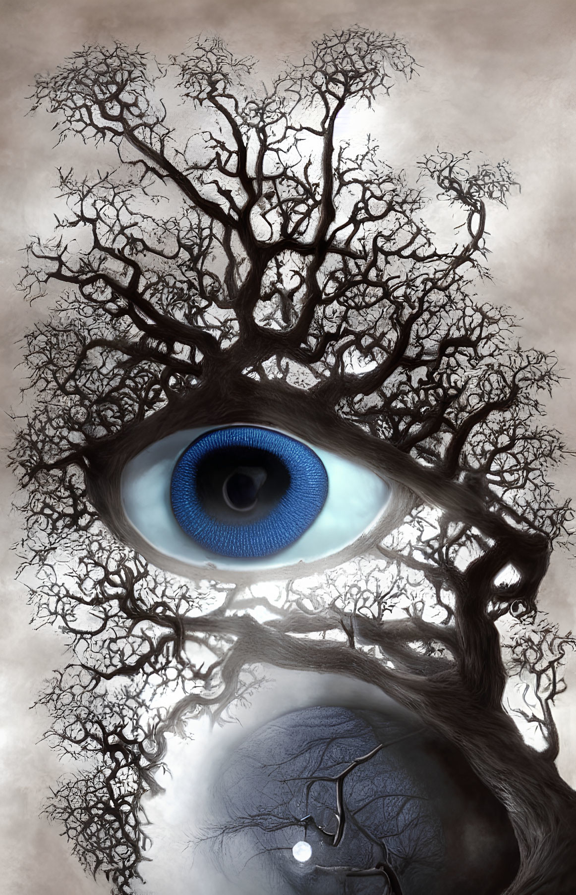 Surreal artwork: Leafless tree branches morph into blue eye