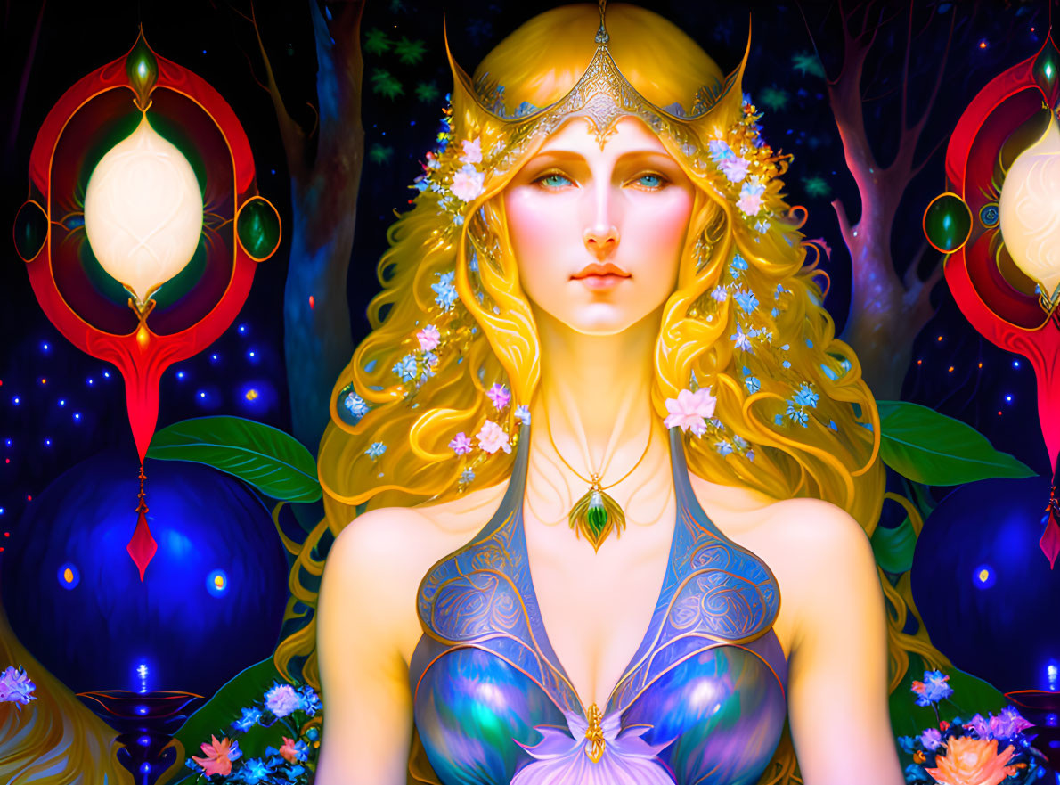 Mythical woman with golden hair and floral crown in mystical forest