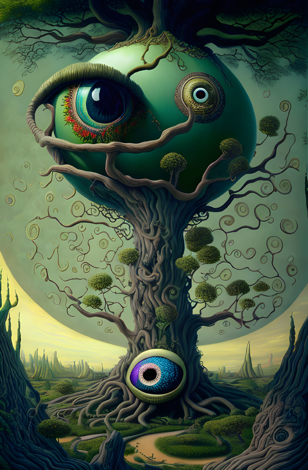 Surreal artwork: Eyes-shaped trees in eerie green landscape