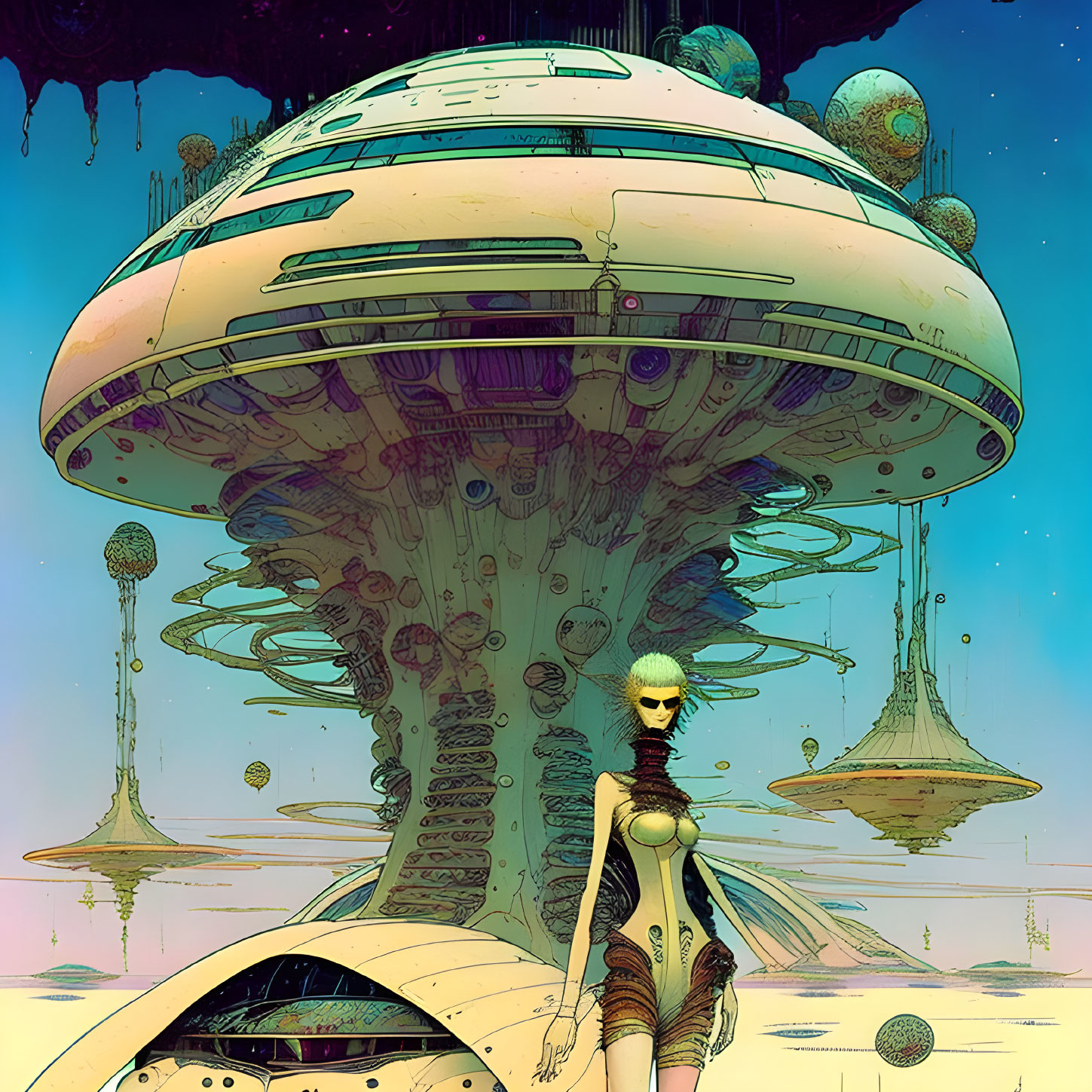 Futuristic image: Female figure and organic cityscape