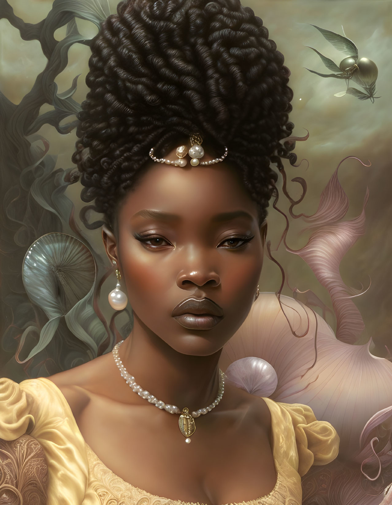 Portrait of woman with braided hair, pearls, and tiara in yellow dress against ethereal backdrop