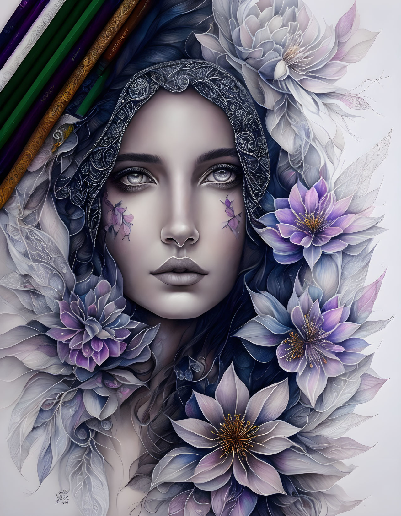 Detailed illustration: Woman with floral hair and butterflies in lush purple flower setting