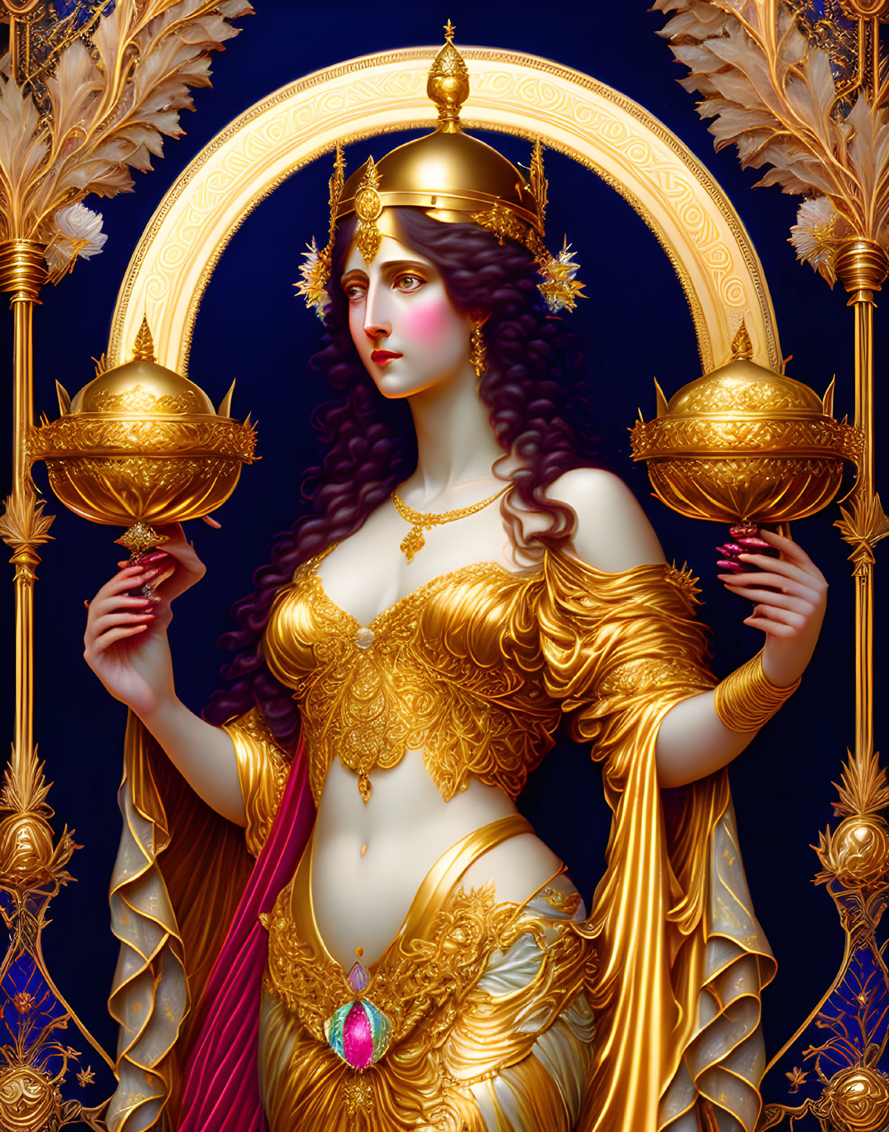 Regal woman in golden attire with chalices on blue backdrop