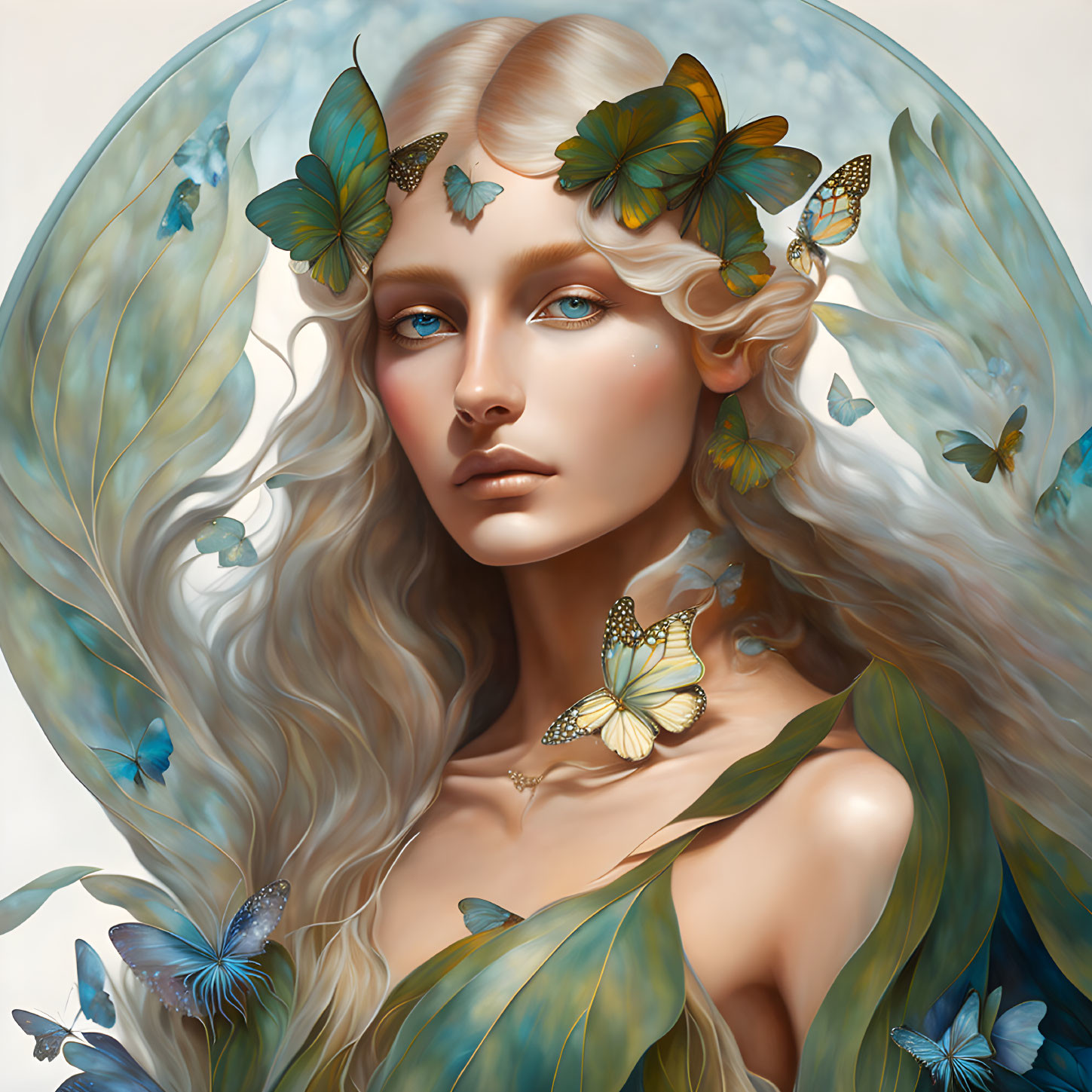 Portrait of a woman with pale skin, wavy hair, blue eyes, and butterflies, emitting a