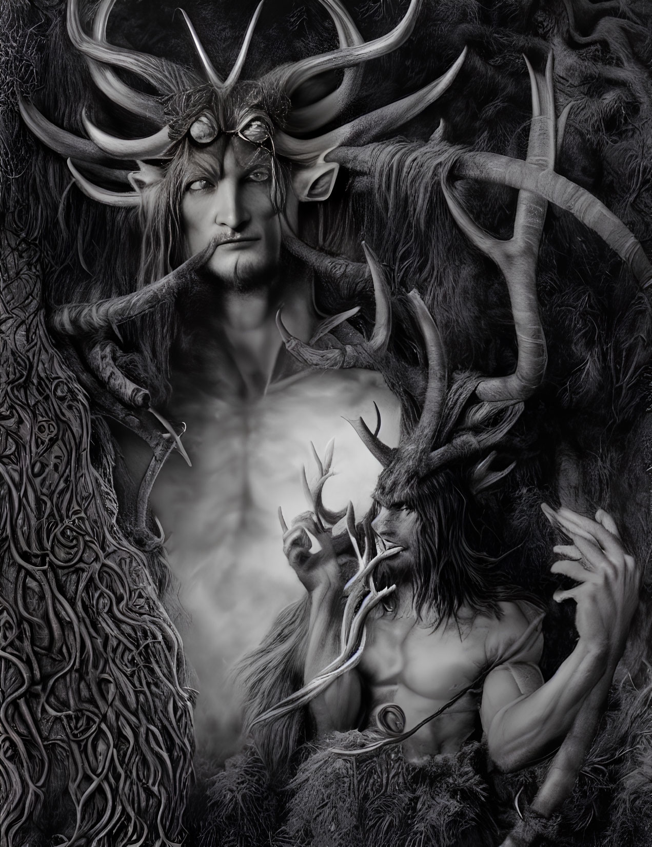 Monochrome fantasy image of two antlered figures in mystical forest