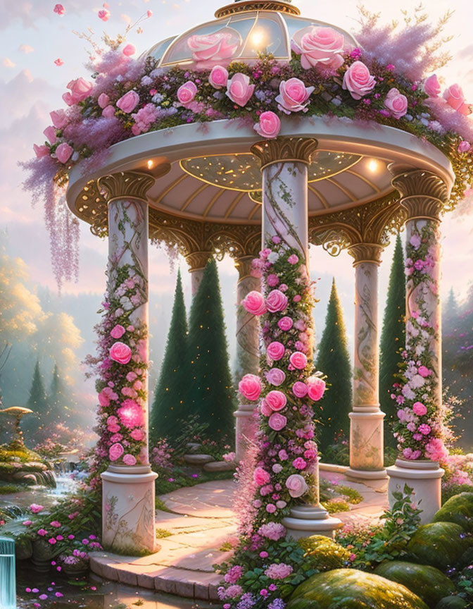 Gazebo with Pink and Purple Flowers in Enchanted Garden