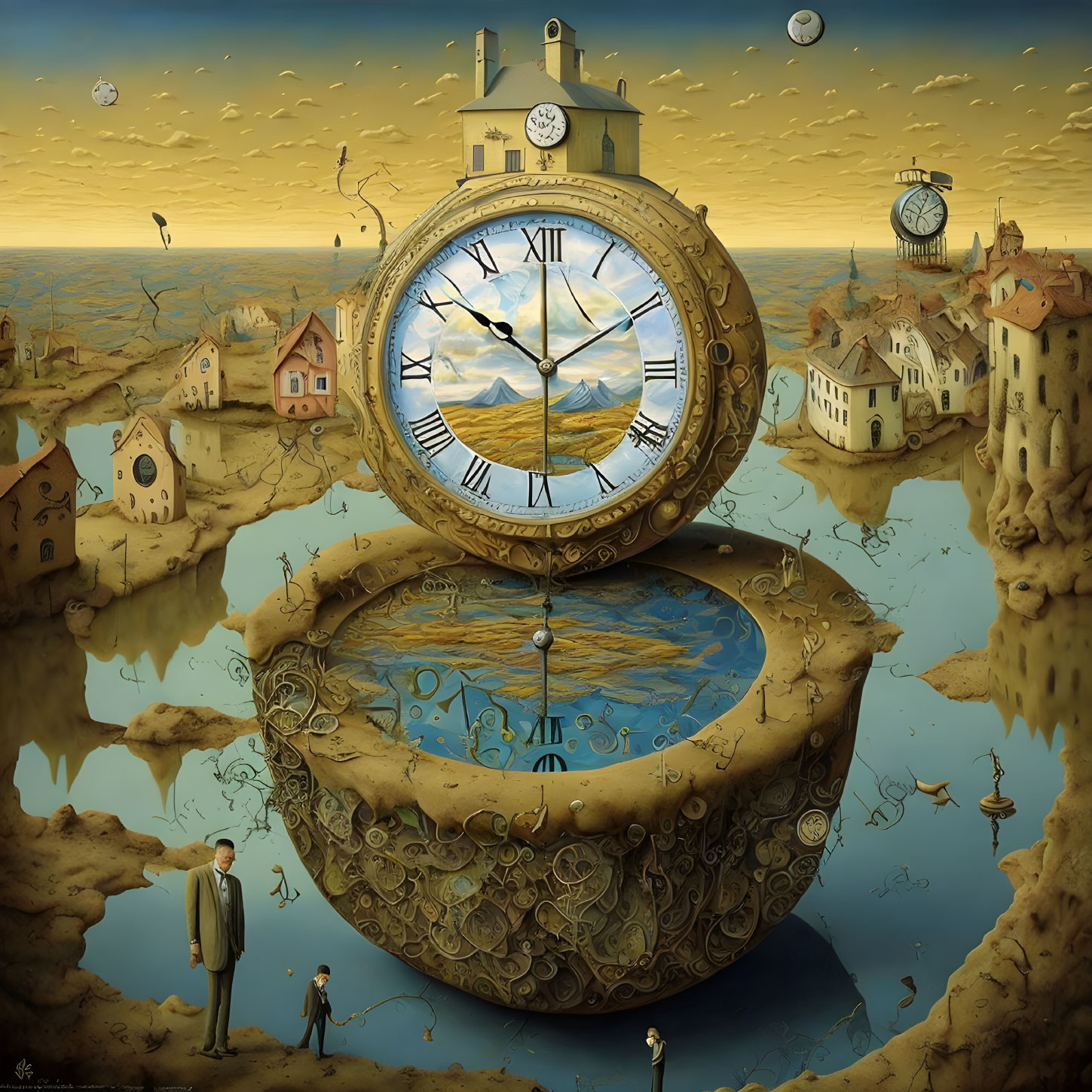 Surreal artwork: giant pocket watch building on pedestal with floating isles & person.