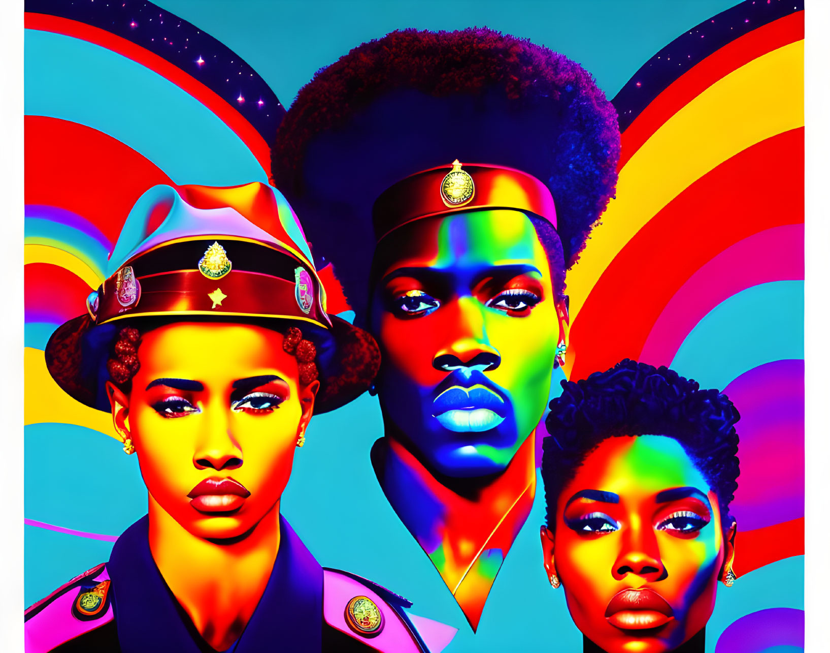 Colorful digital art: Afrocentric figures in police hats against rainbow backdrop