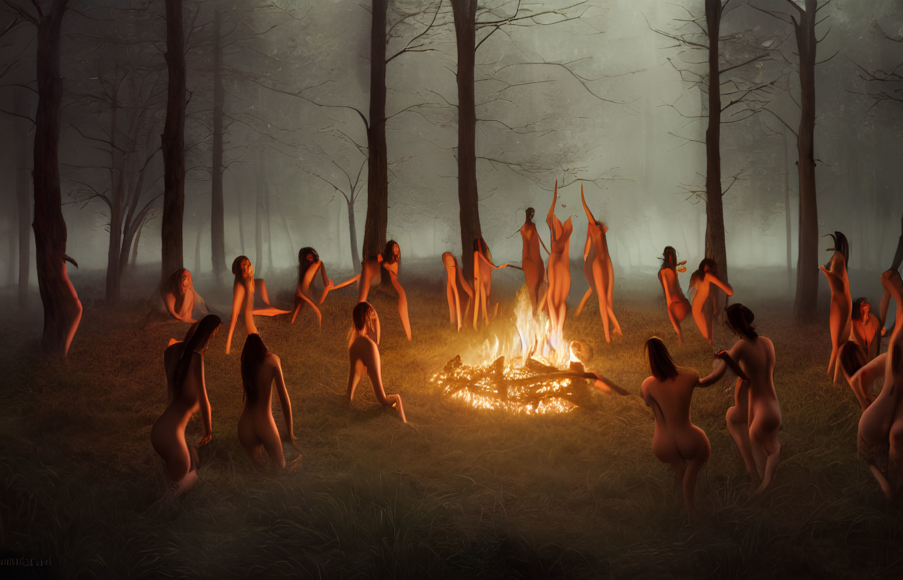 Nude individuals dance around bonfire in misty forest