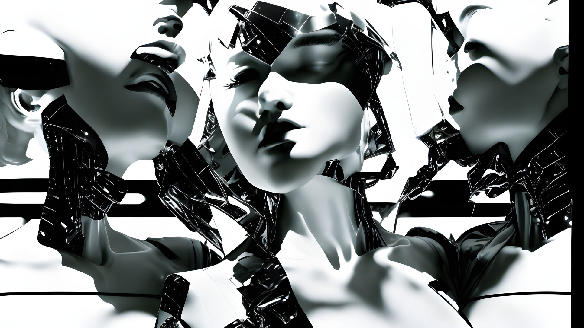 Monochrome digital art of futuristic humanoid faces closely clustered together