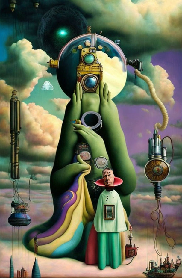 Surrealistic painting with central figure and optical devices in dreamlike landscape