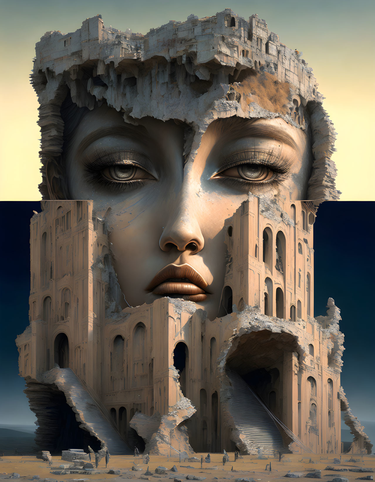 Surreal artwork: woman's face merged with ancient tower in dusky sky