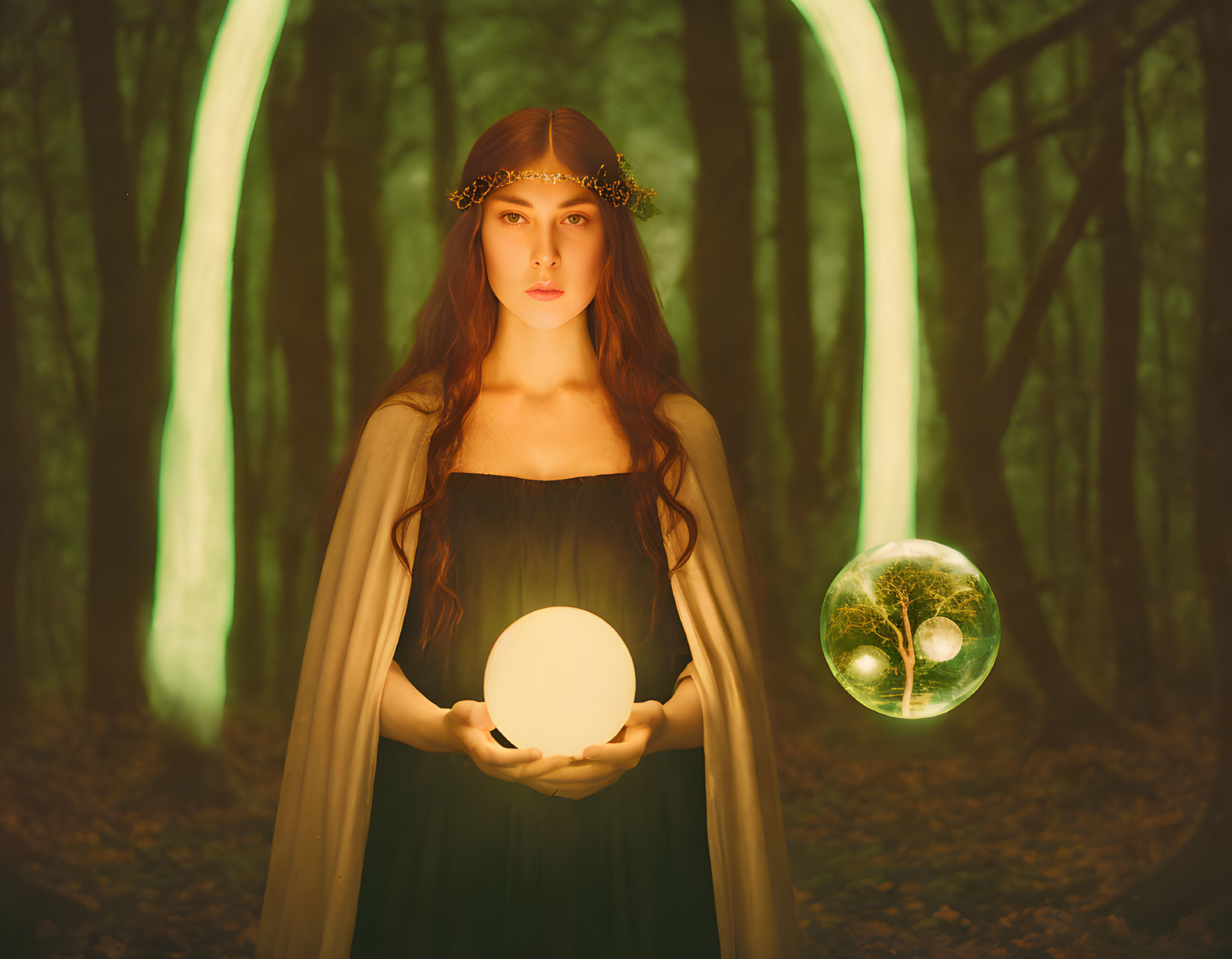 Mystical woman in forest with glowing orb and floating spheres