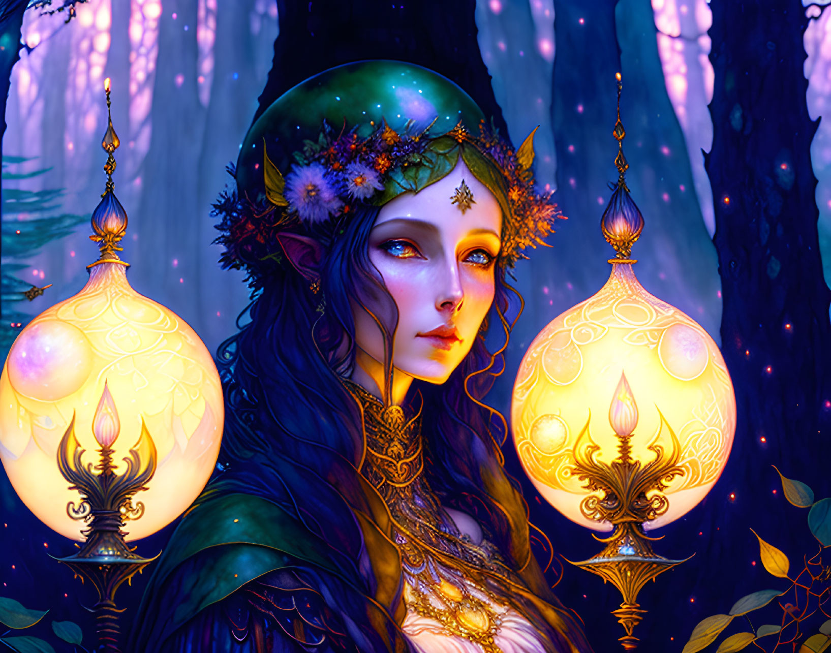 Elf Woman in Mystical Forest with Glowing Orbs and Blue Hues