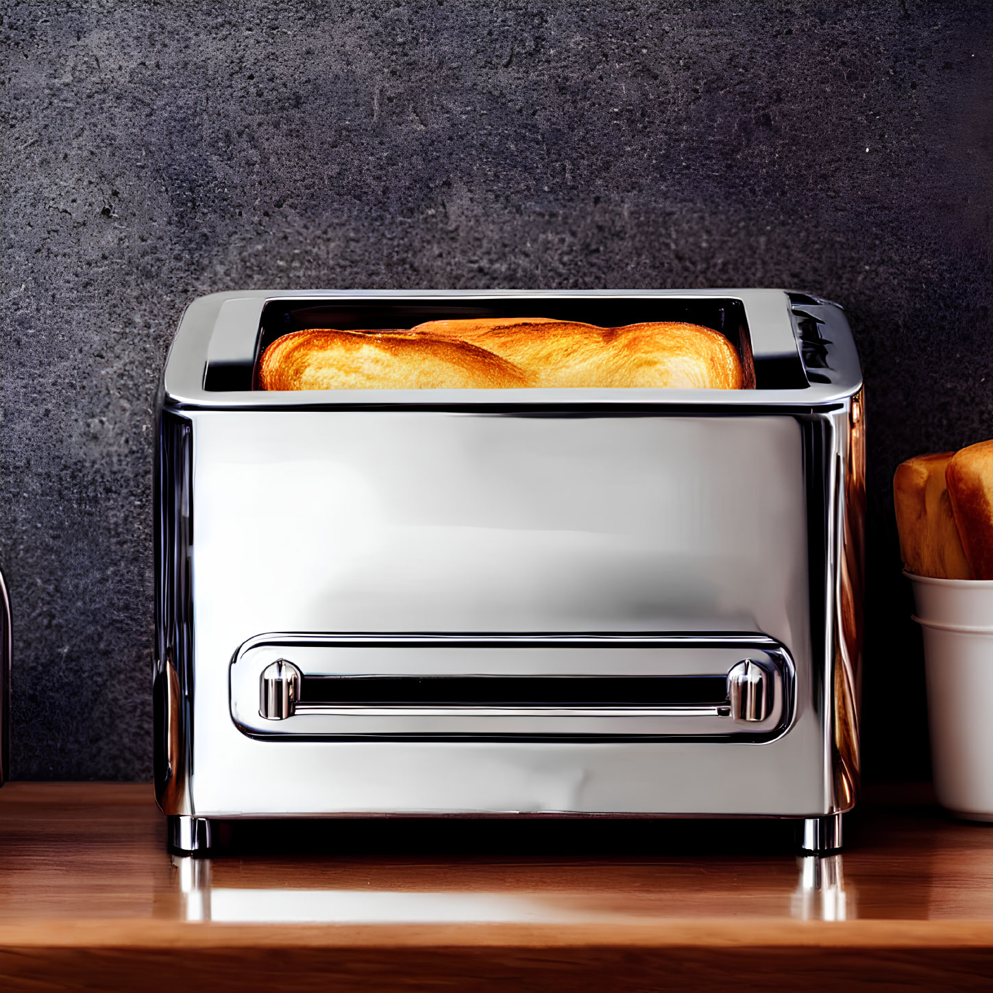 Modern Chrome Toaster with Two Slices of Bread on Wooden Table