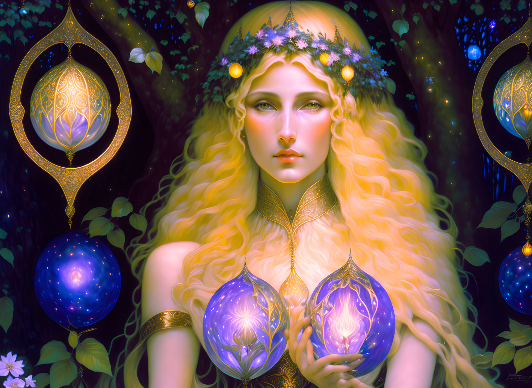 Mystical artwork of fair-haired woman with floral crown and glowing orbs in enchanted forest