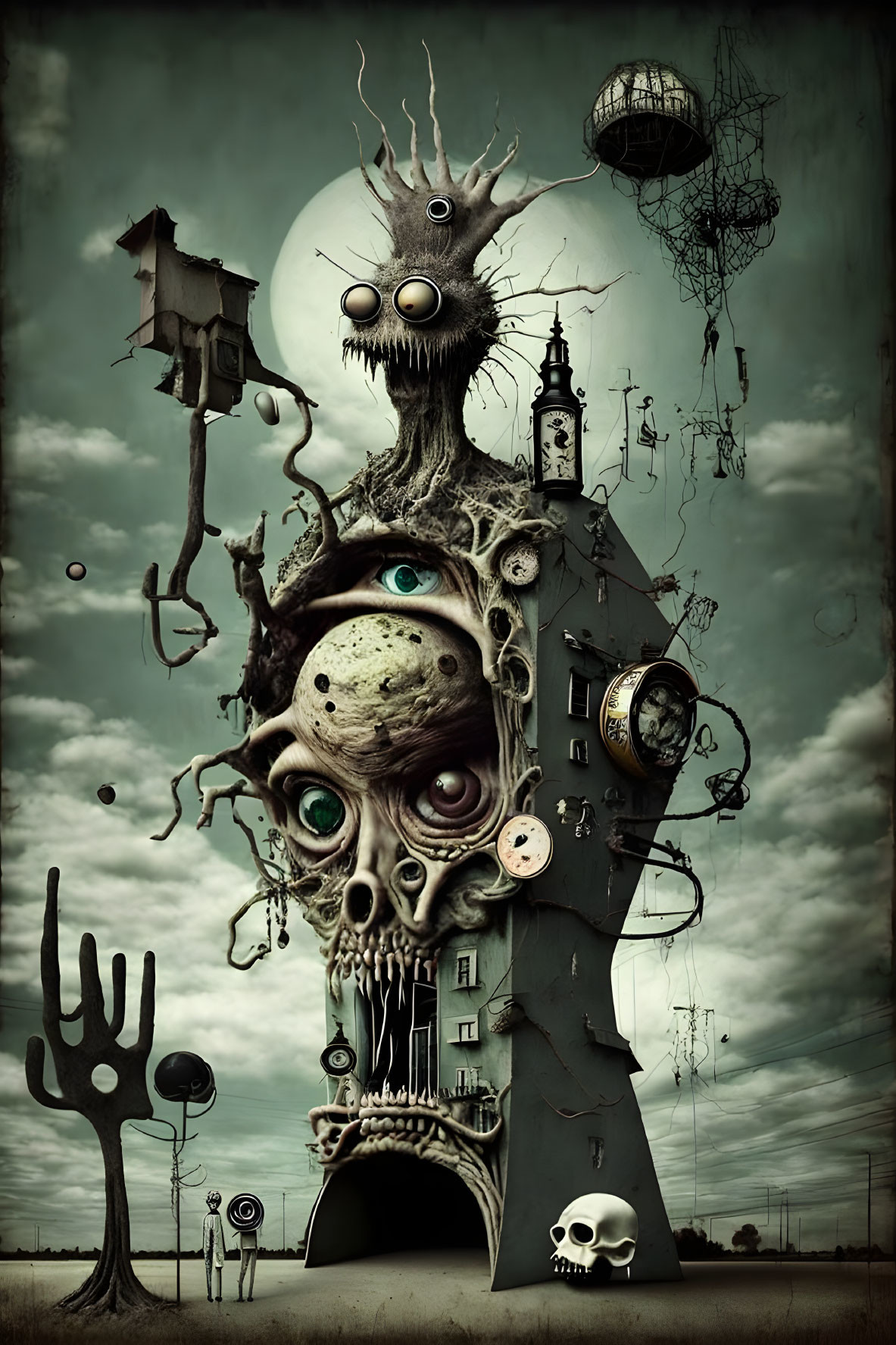 Surreal Artwork: Hybrid Building-Creature with Multiple Eyes, Timepieces, Skull, and