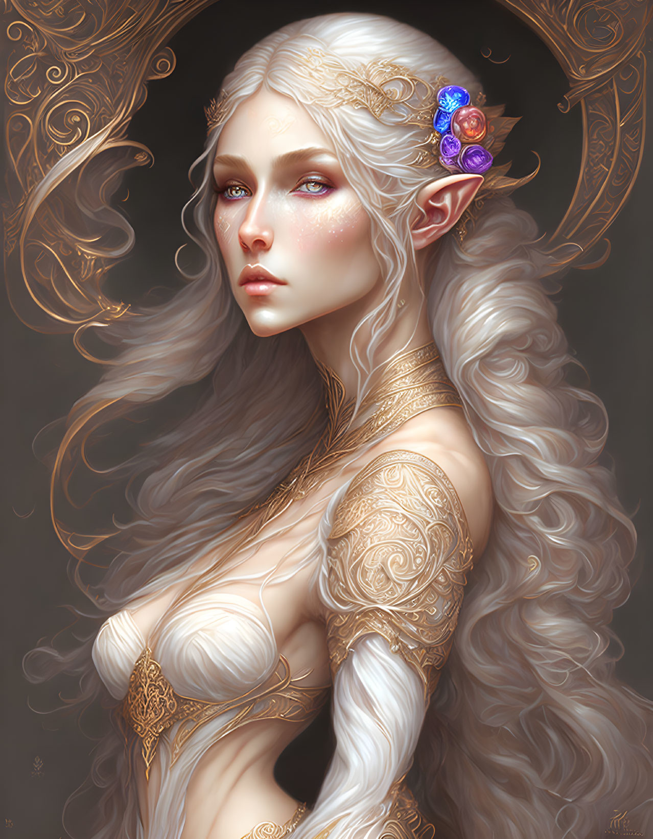 Illustrated female elf with white hair, golden tattoos, and floral ear decoration