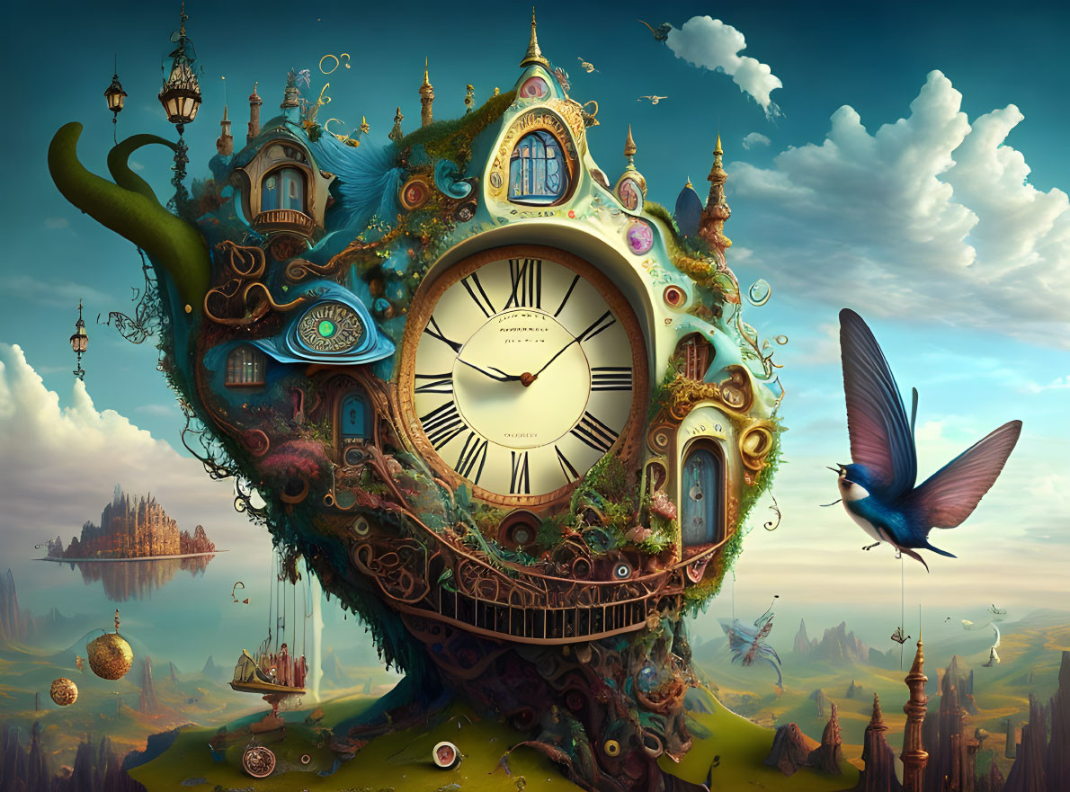 Fantastical clock tower with whimsical architecture and floating islands.