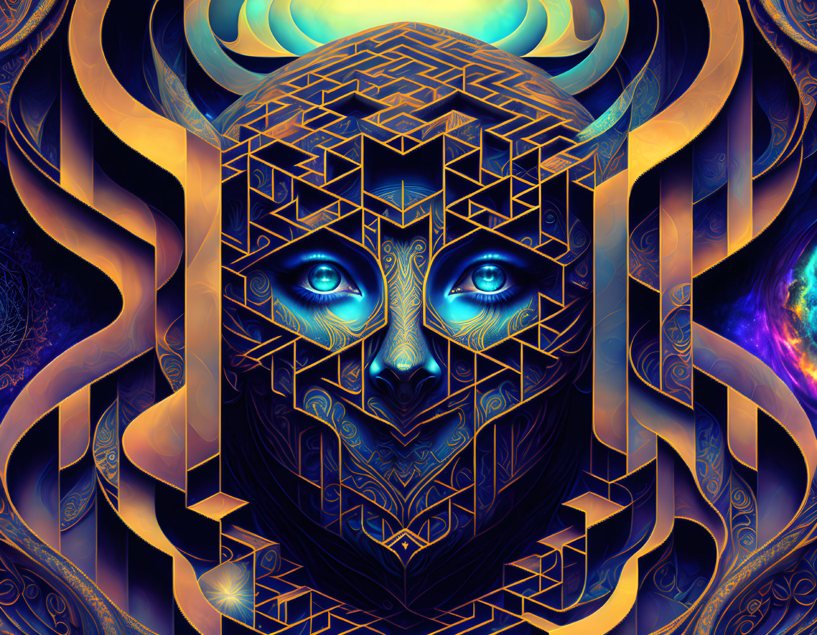 Symmetrical geometric face with bright blue eyes in kaleidoscopic backdrop