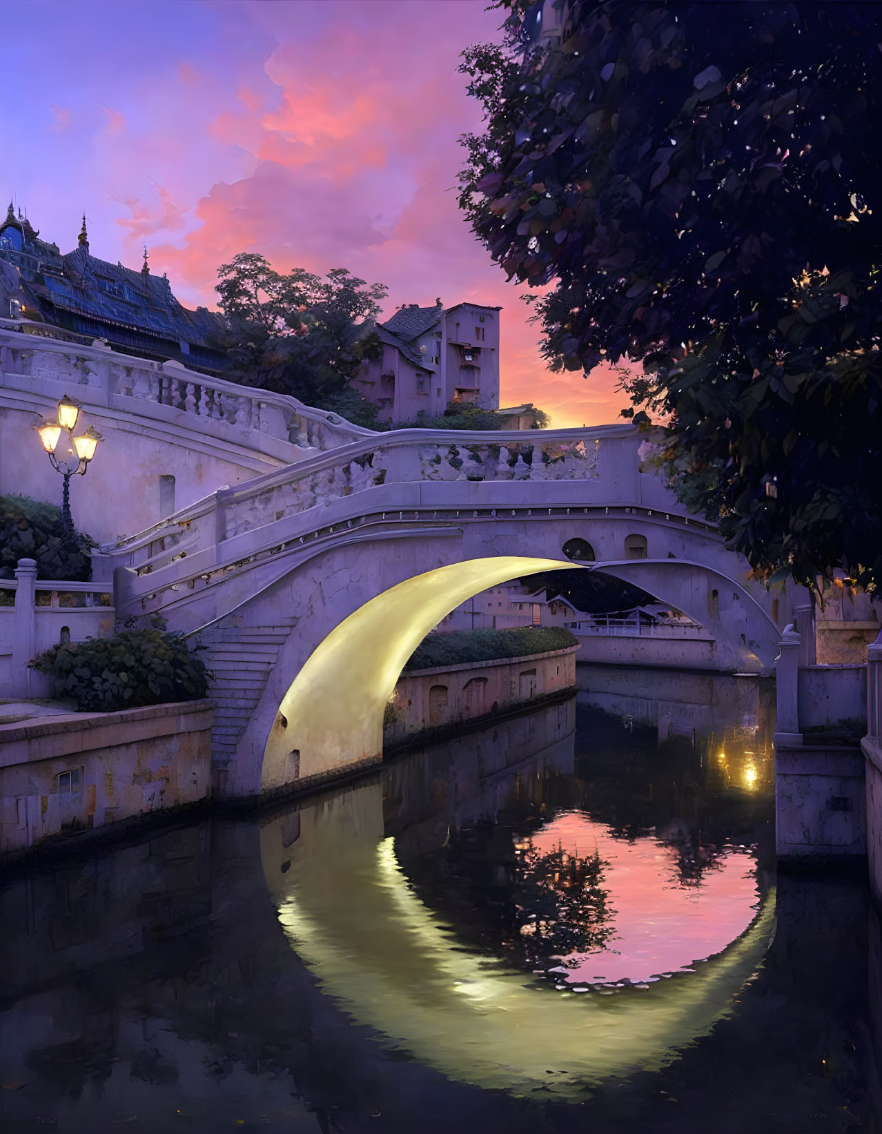 Stone bridge over calm river in twilight with warm light reflecting, European-style buildings, pink and purple sky