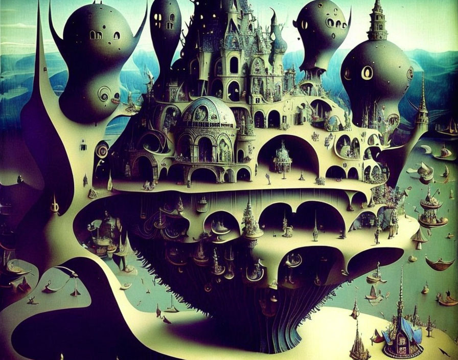 Whimsical cityscape with bulbous structures and spires on reflective surface