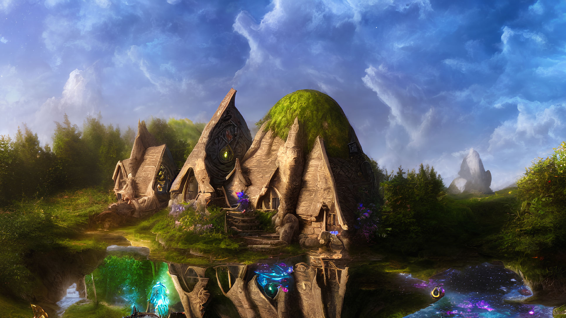 Fantasy landscape with whimsical houses, lush flora, reflective river, and vibrant sky