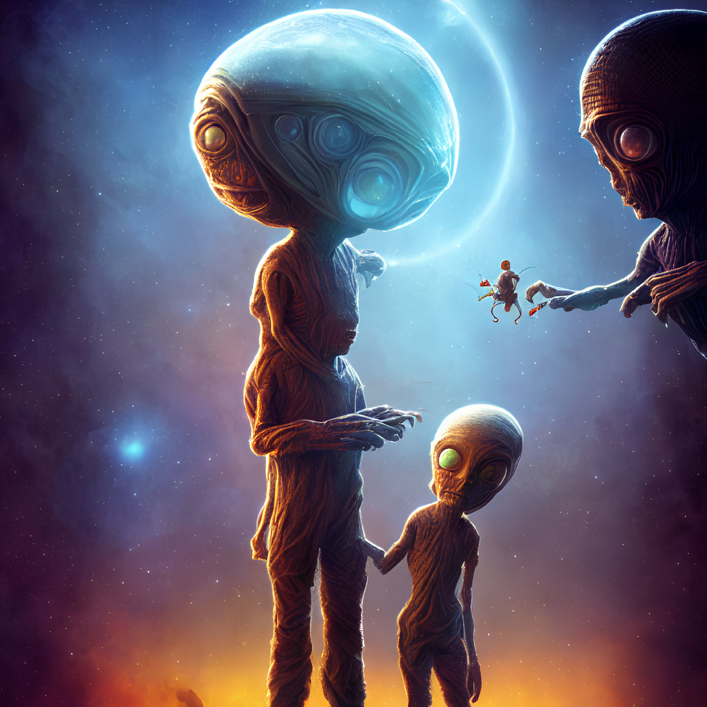 Alien beings with large heads and eyes and astronaut in cosmic scene