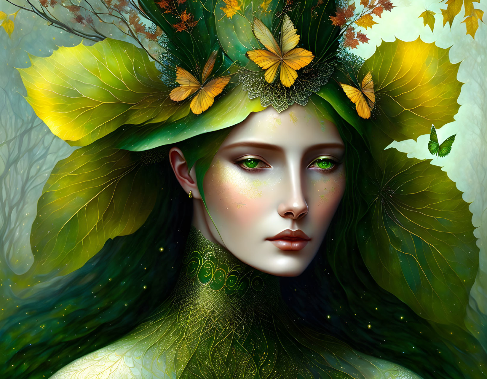 Fantasy digital artwork: Woman with green skin and nature-inspired adornments