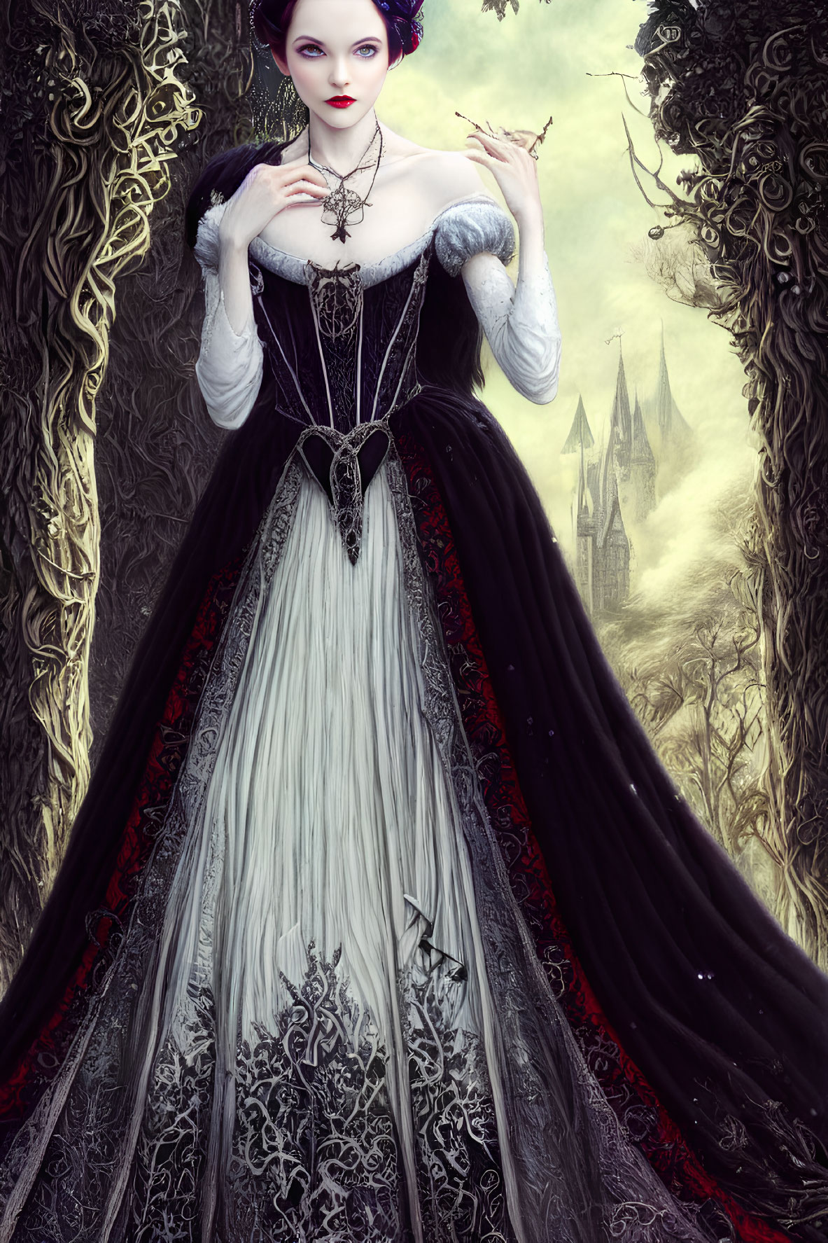 Gothic woman in black and silver dress in front of foggy forest and castle