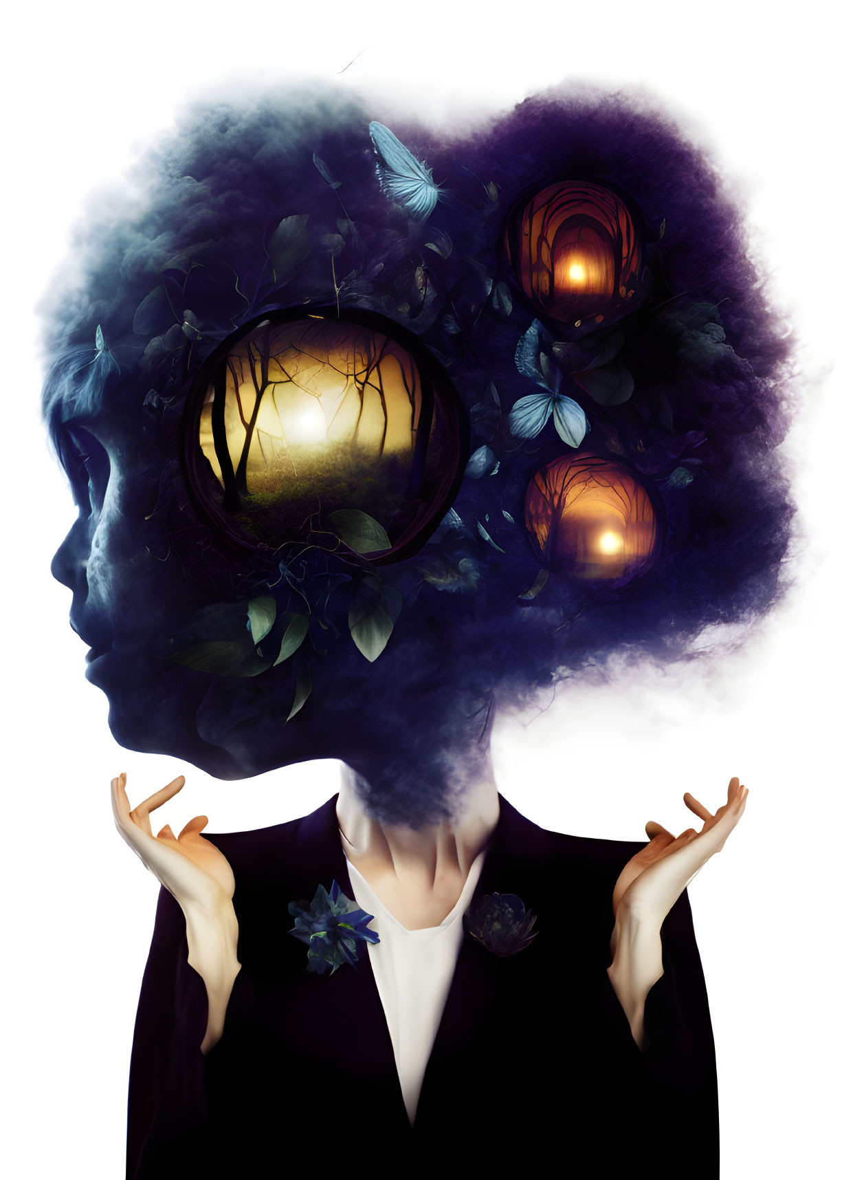 Surreal illustration of person with glowing orbs and butterflies