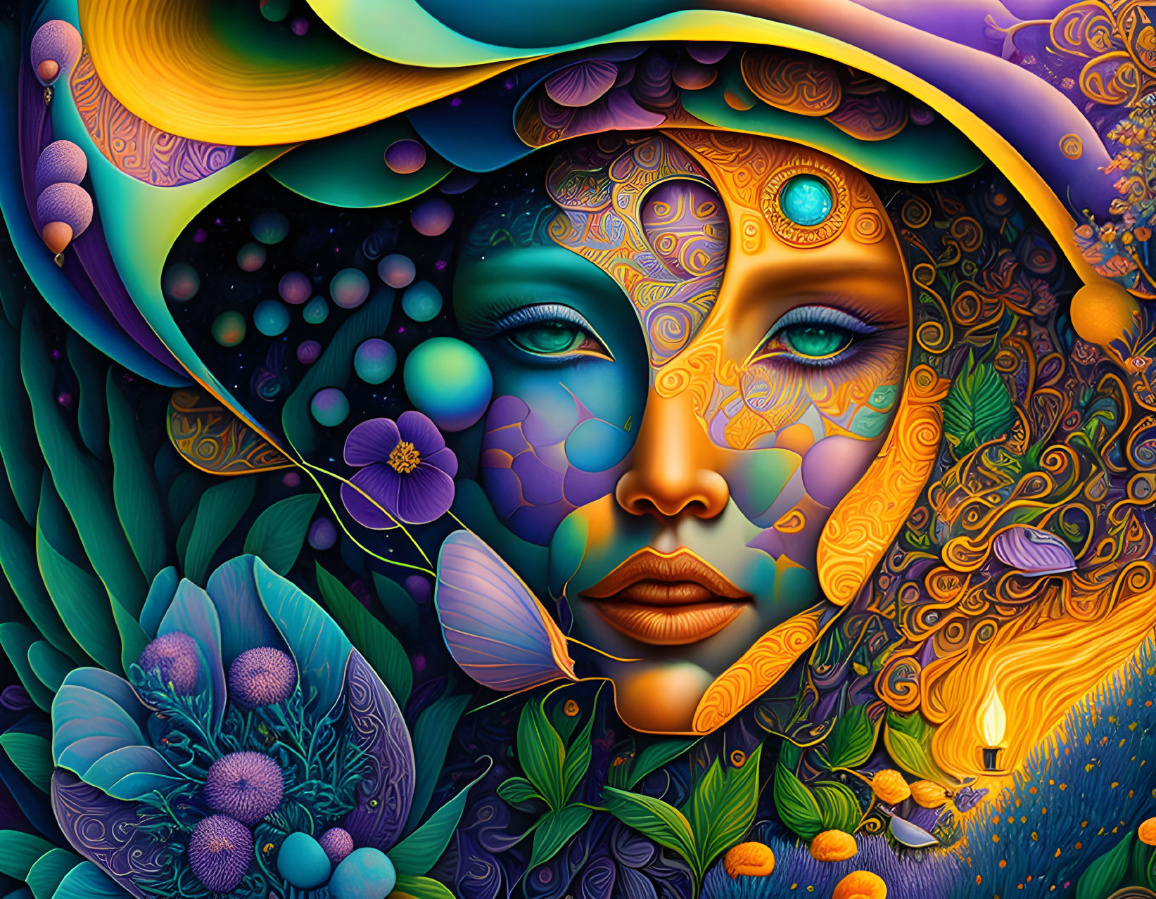 Colorful woman's face illustration with psychedelic patterns and floral elements