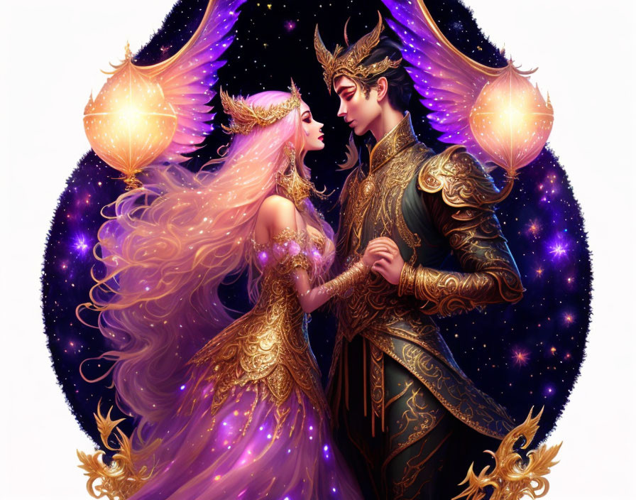 Ethereal figures in fantasy attire with starry elements in romantic gaze