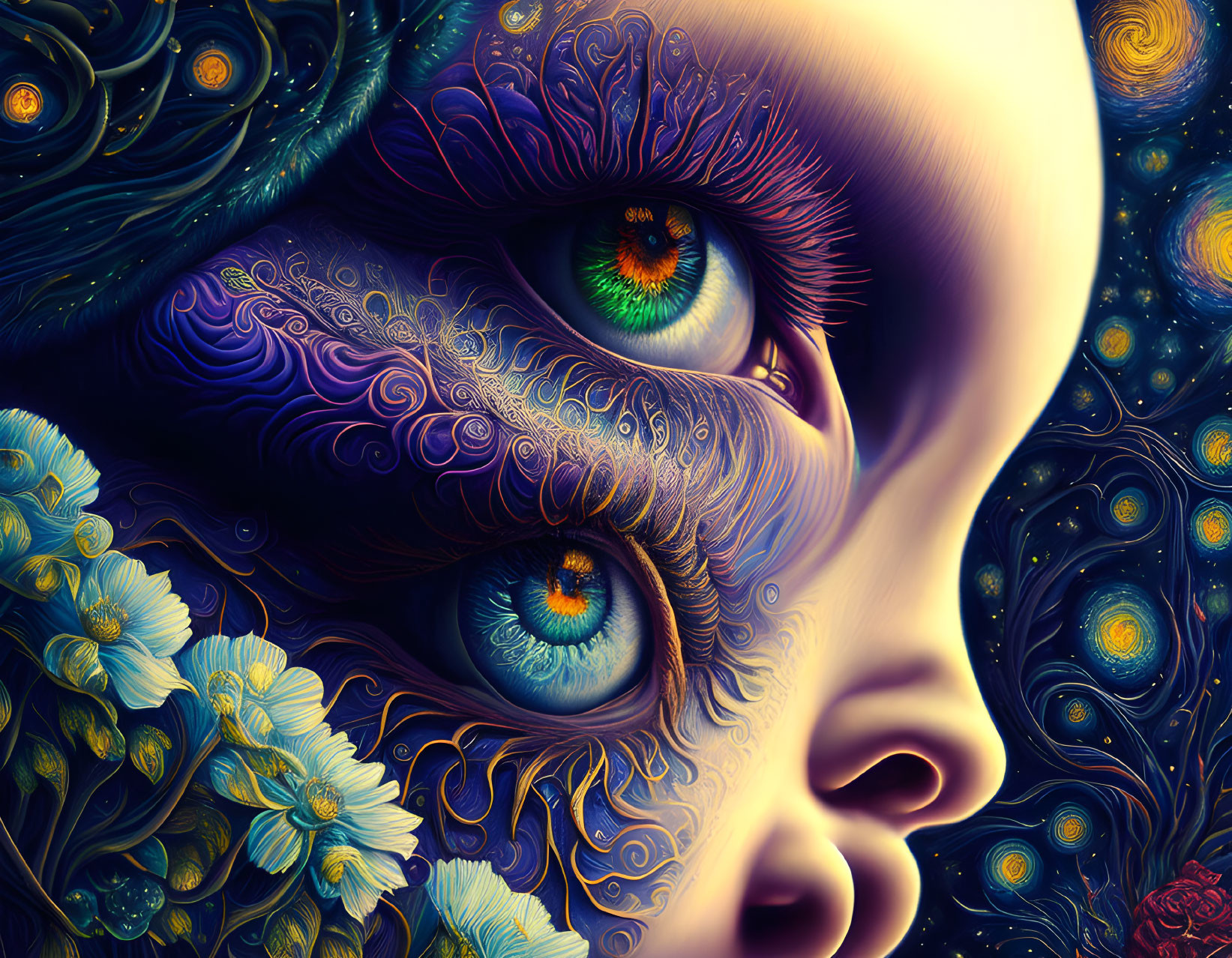 Colorful digital artwork: intricate face patterns, floral motifs, cosmic backdrop