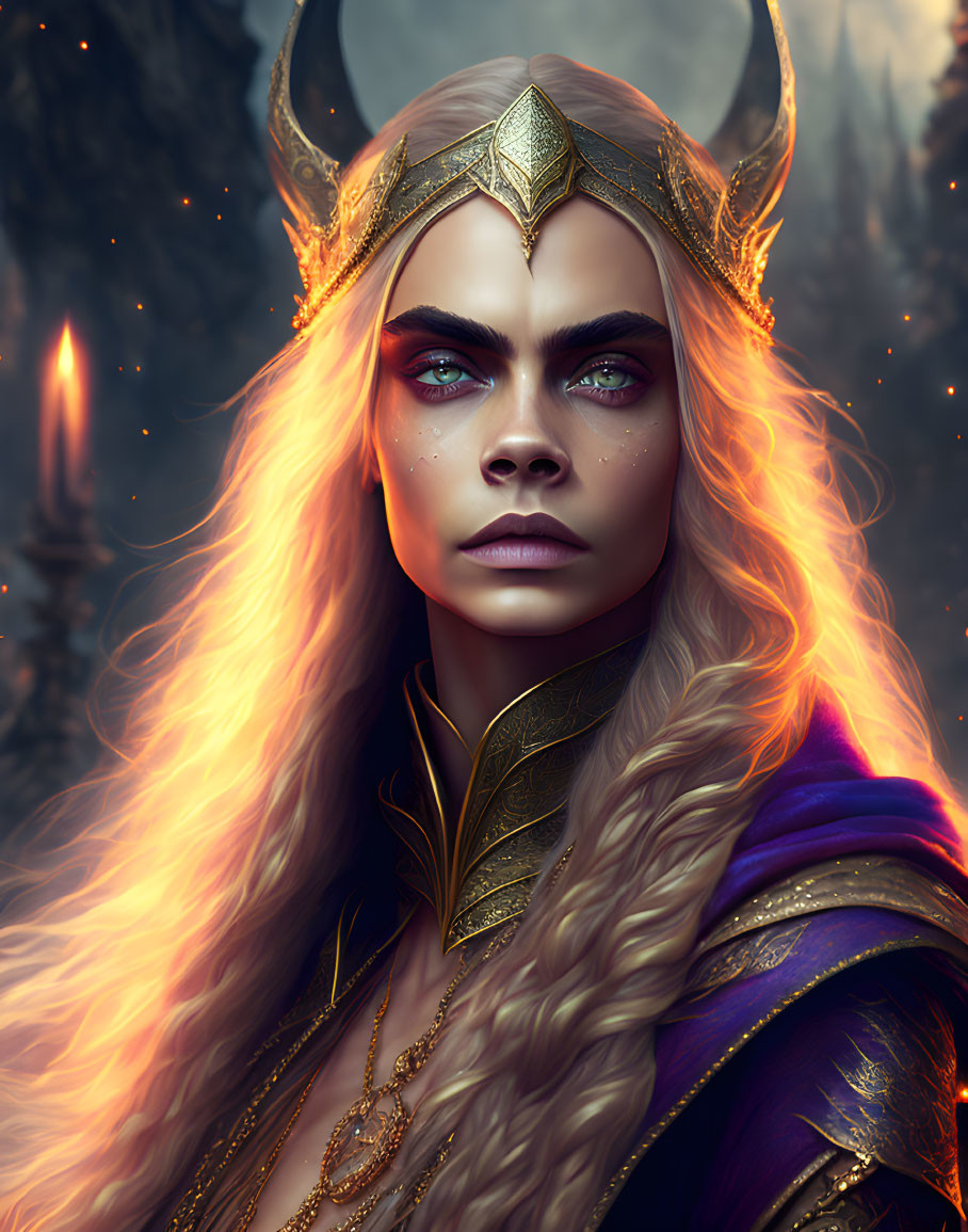 Regal female fantasy character with glowing orange hair and golden crown in ornate armor in mystical forest.