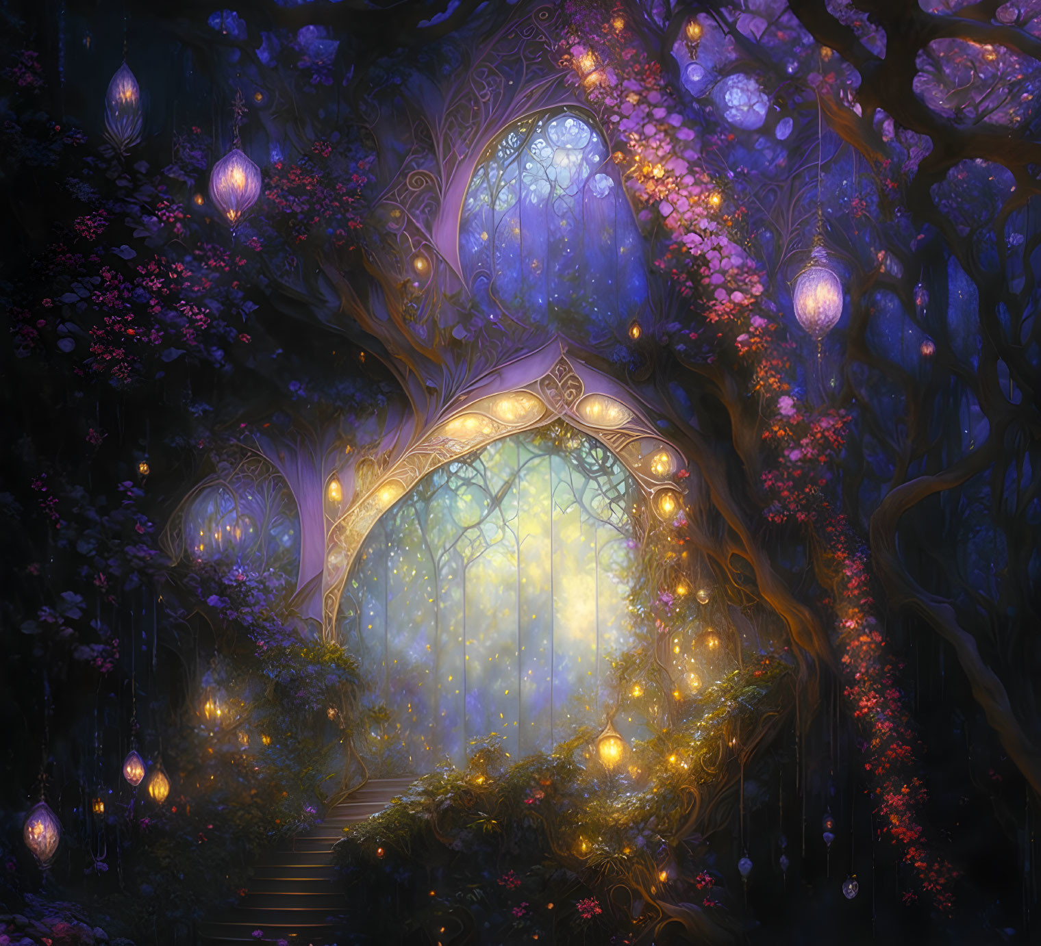 Mystical forest path with illuminated archway and glowing lanterns