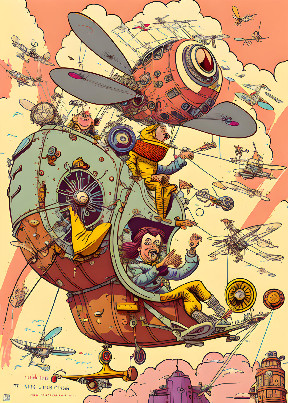 Detailed Steampunk Airship Illustration with Vibrant Characters